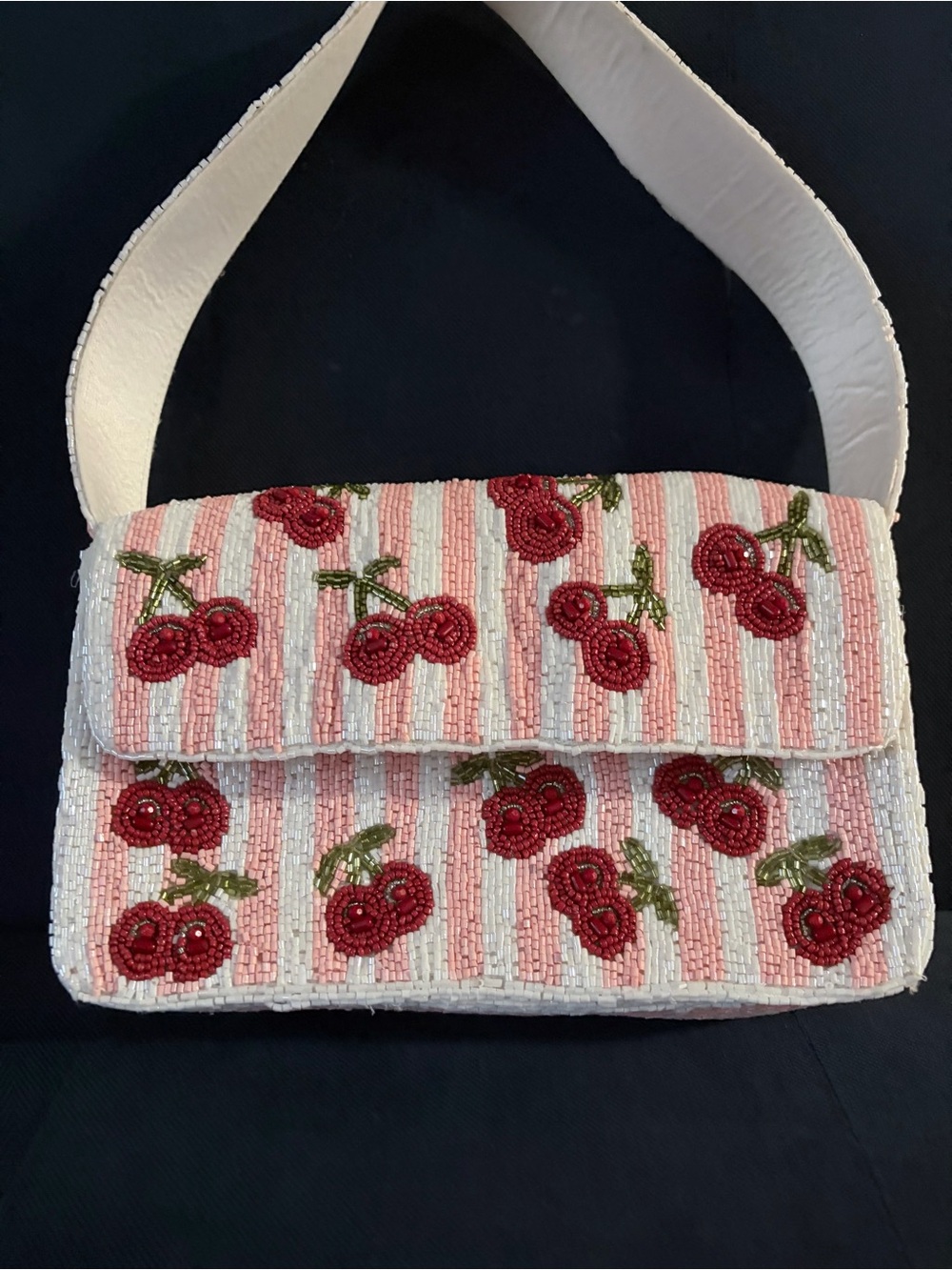 Beaded Cherry Embroidered Shoulder Bag - Pink & Red